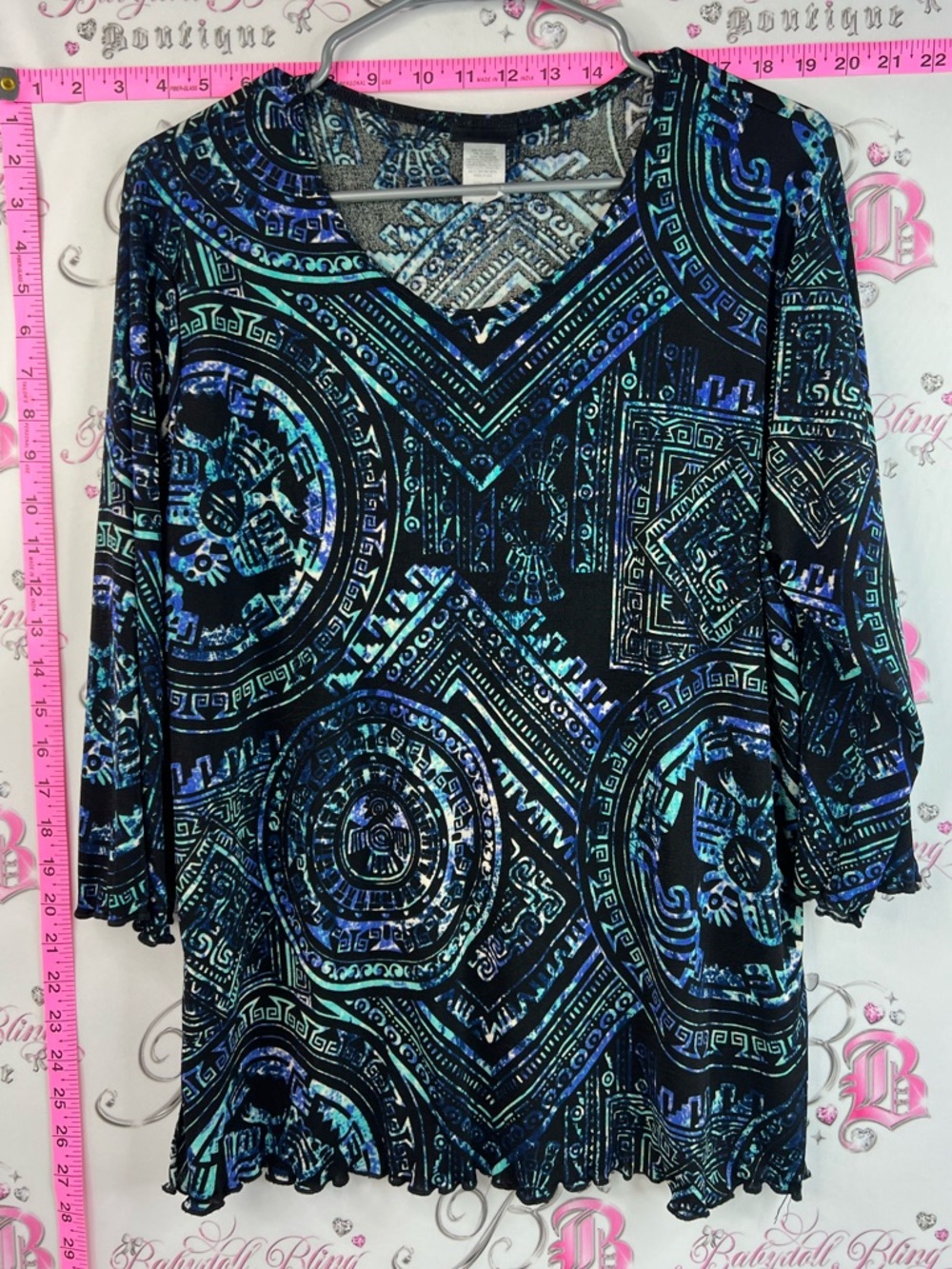 Jostar blouse Aztec Mayan style vintage Black & Teal Patterned V-Neck Top
